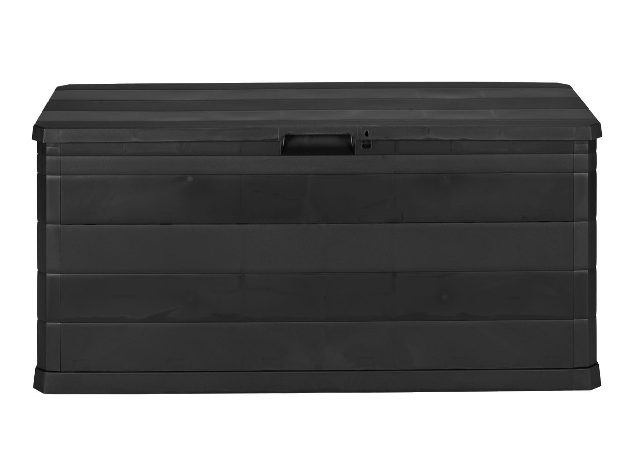 Black plastic outdoor storage box with a textured finish and a handle on the lid.