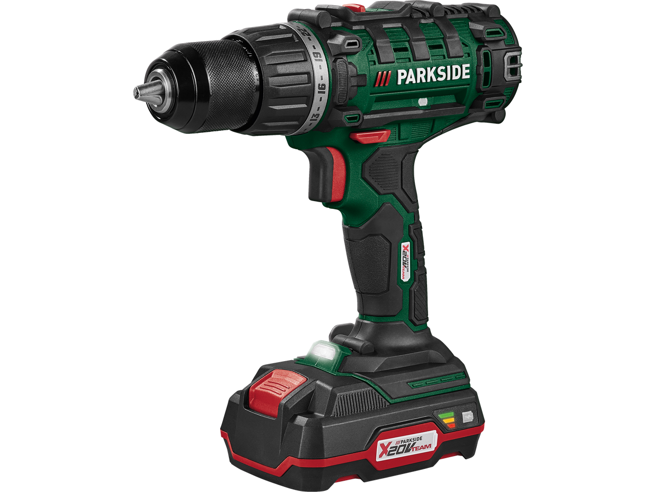 A green and black 20V cordless drill driver with a battery pack.