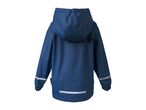 Back view of a navy blue children's rain jacket with a hood and reflective stripes.