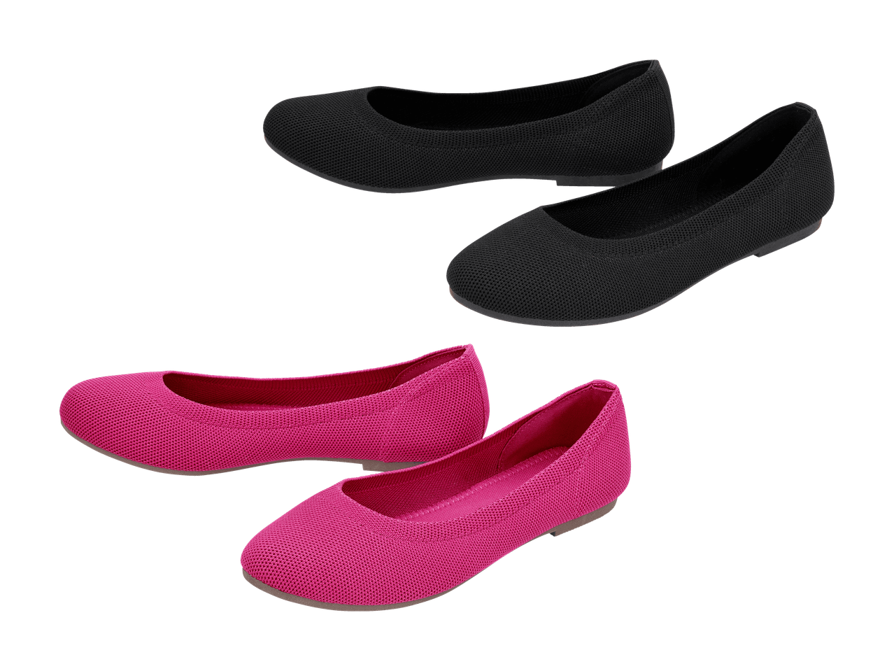 Deux paires de ballerines en maille, une noire et une rose fuchsia.