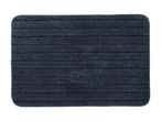 A dark blue, ribbed bath mat.