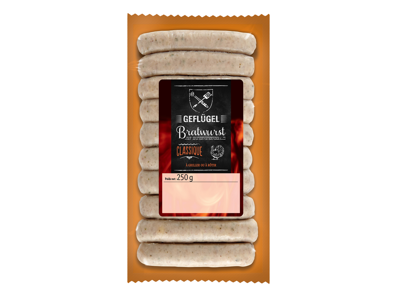 Paquet de saucisses de volaille classiques, 250 g, à griller ou à rôtir.