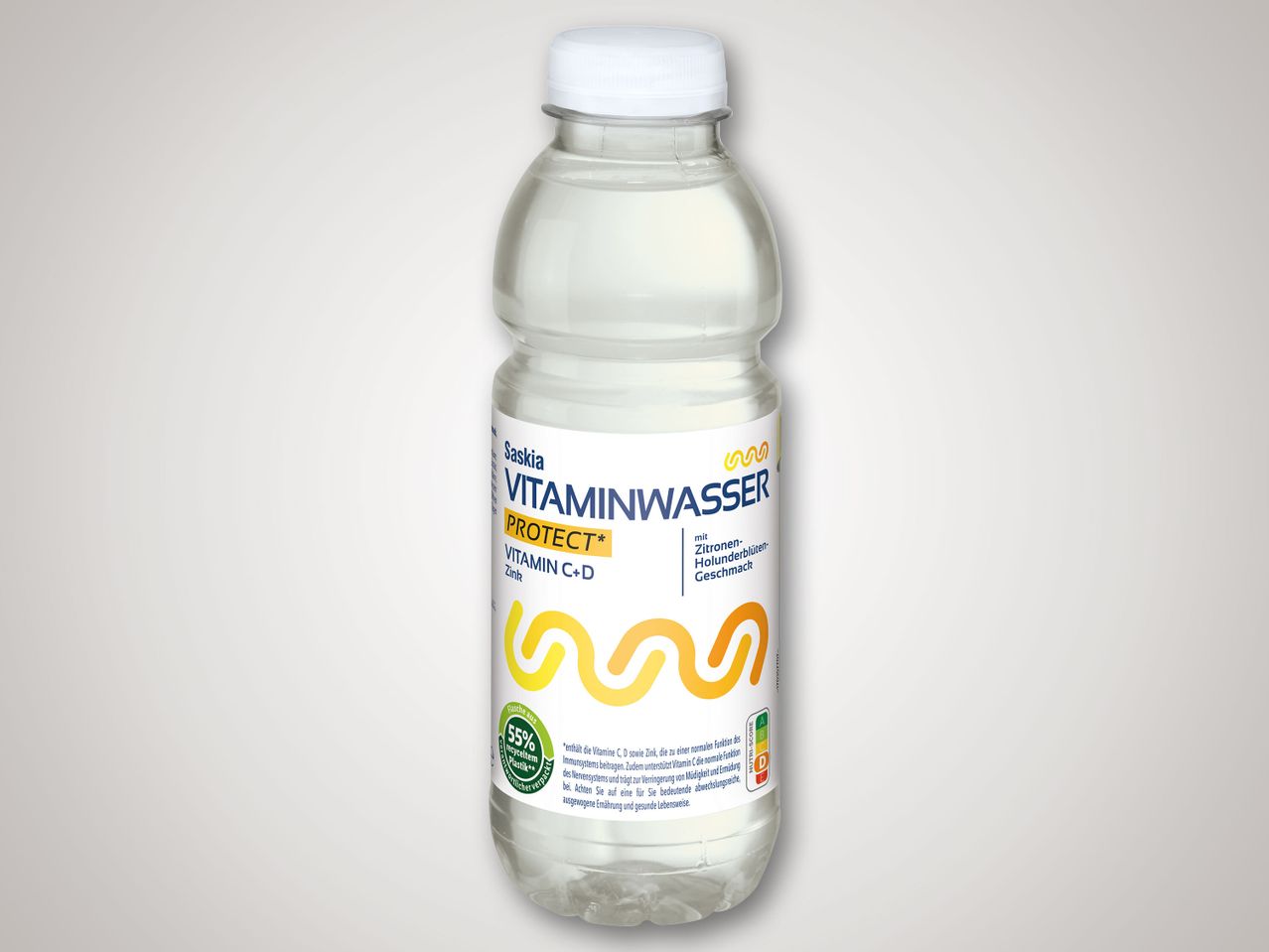 Saskia Vitaminwasser Protect: Vitamin C+D, Zink, Zitronen-Holunderblütengeschmack.
