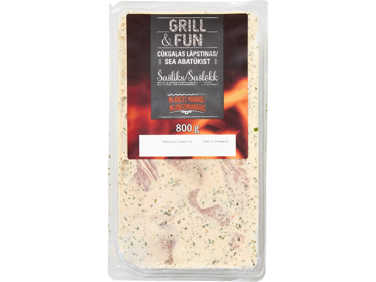 Šašlykas su majonezo marinatu, 800 g pakuotė, su užrašu „Grill & Fun“.