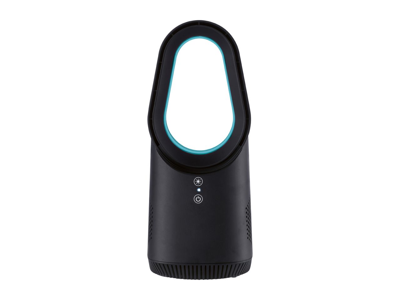 Black bladeless fan with a blue inner ring and control buttons