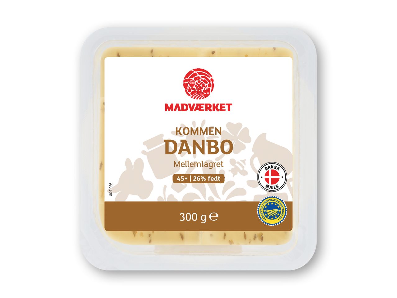 En pakke Madværket Danbo ost, mellemlagret med 45+ fedtindhold og 300g vægt.
