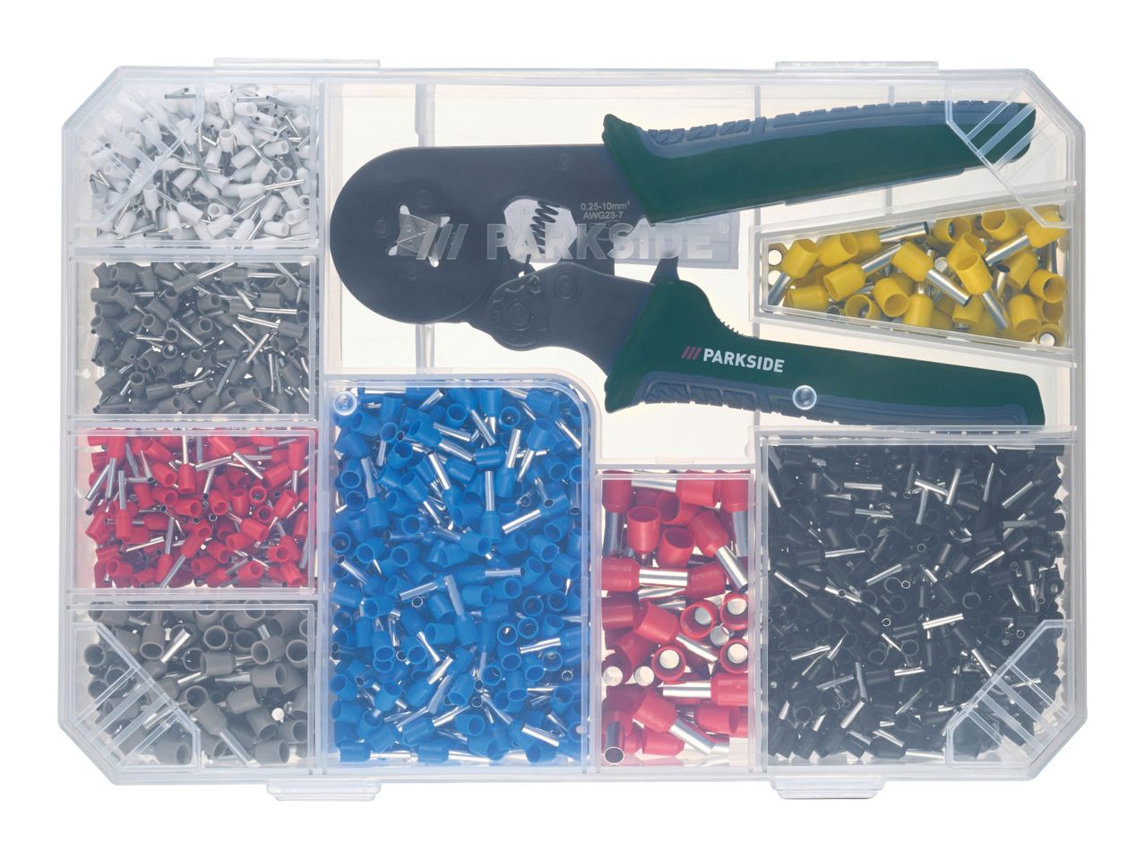 Crimping tool with various insulated wire ferrules in a clear organizer box.