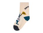 A single cream-colored sock with a cartoon character, a yellow flag with 'GO!' and 'RAWR' text.