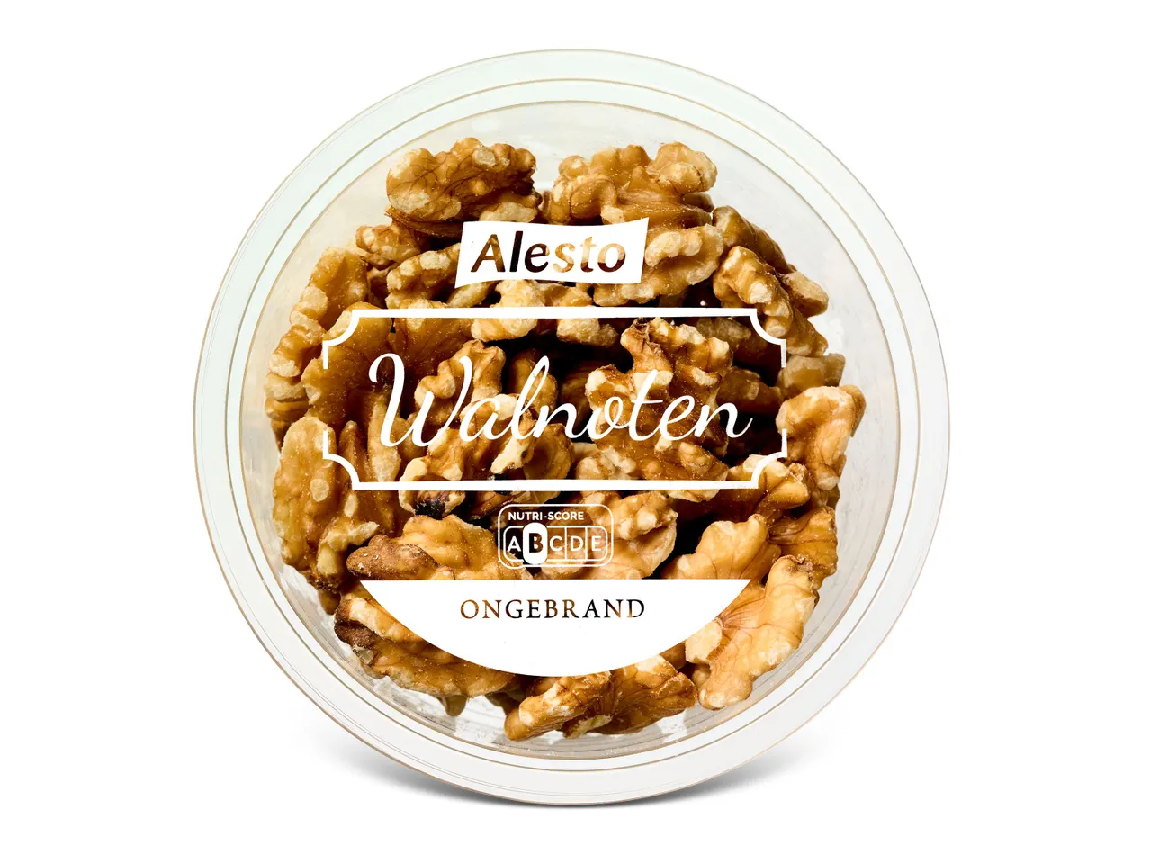 Alesto ongebrande walnoten in een glazen pot.