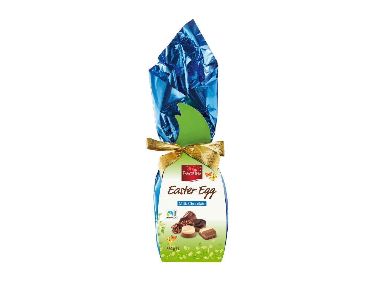 Milk chocolate Easter egg in blue foil with a gold ribbon, featuring chocolate pieces.