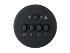 Black circular fan control panel with buttons for stop, move, fan speed (off, 1, 2, 3).