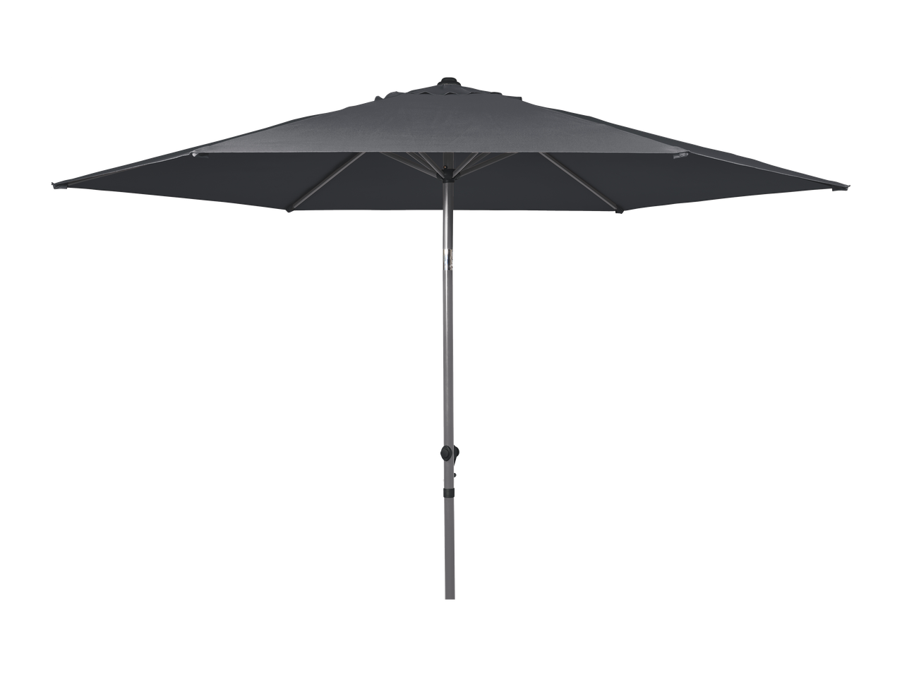 Siv dežnik za teraso s kovinskim drogom in ročajem.