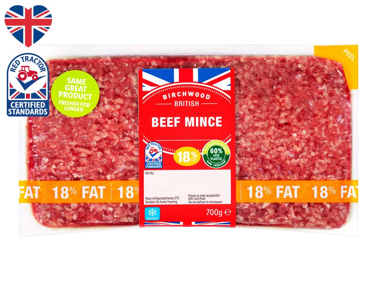 Birchwood 18% fat beef mince, Red Tractor certified.