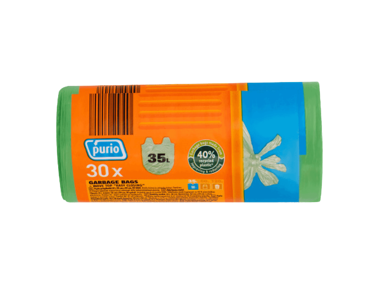 Pakovanje zelenih kesa za smeće od 35L sa 30 komada, napravljenih od 40% reciklirane plastike.
