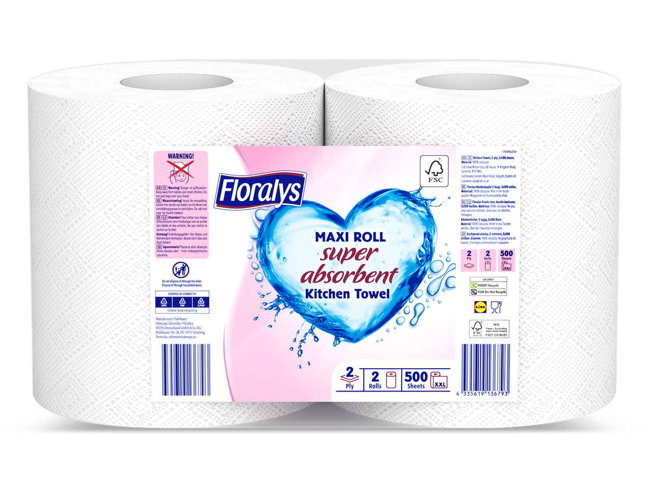 Floralys Maxi-rol superabsorberende keukenrol, 2-laags, 2 rollen, 500 vel