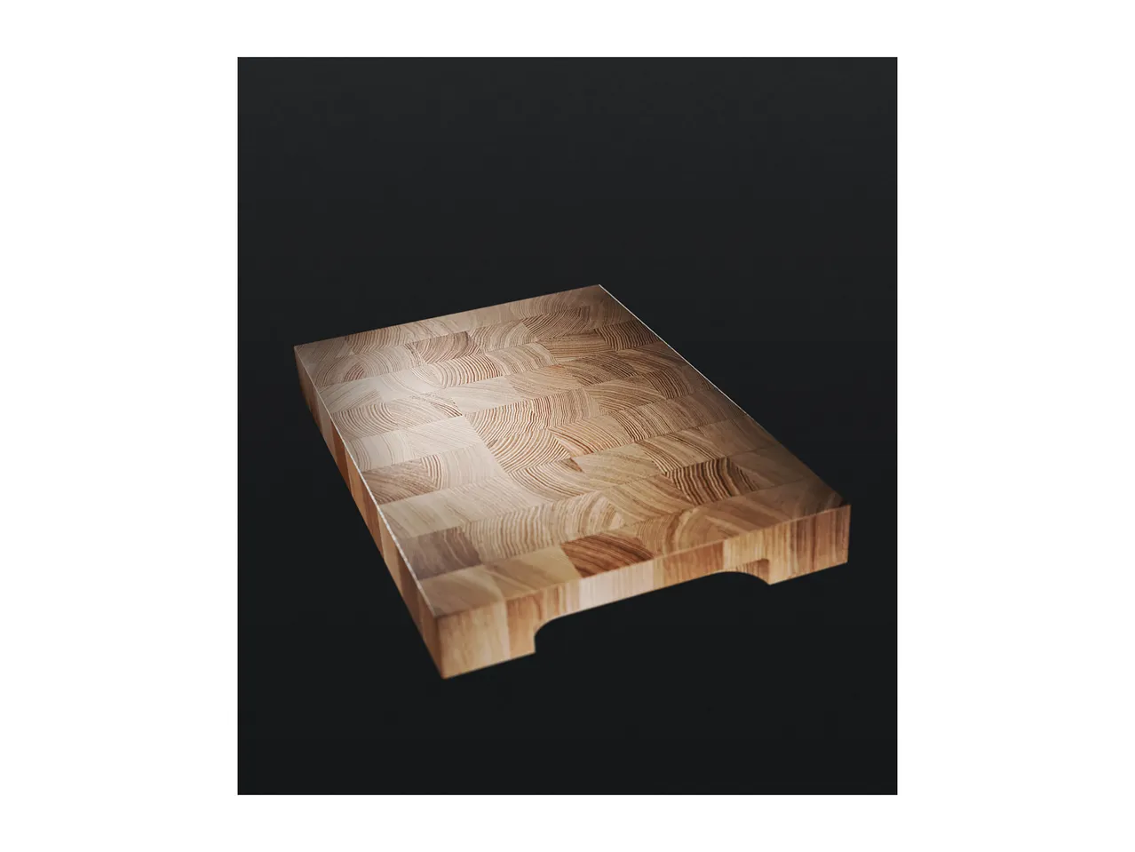 Thick wooden end-grain cutting board with built-in side handles on a dark background.