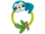 Blue sloth teether with green ring and colorful leaves.
