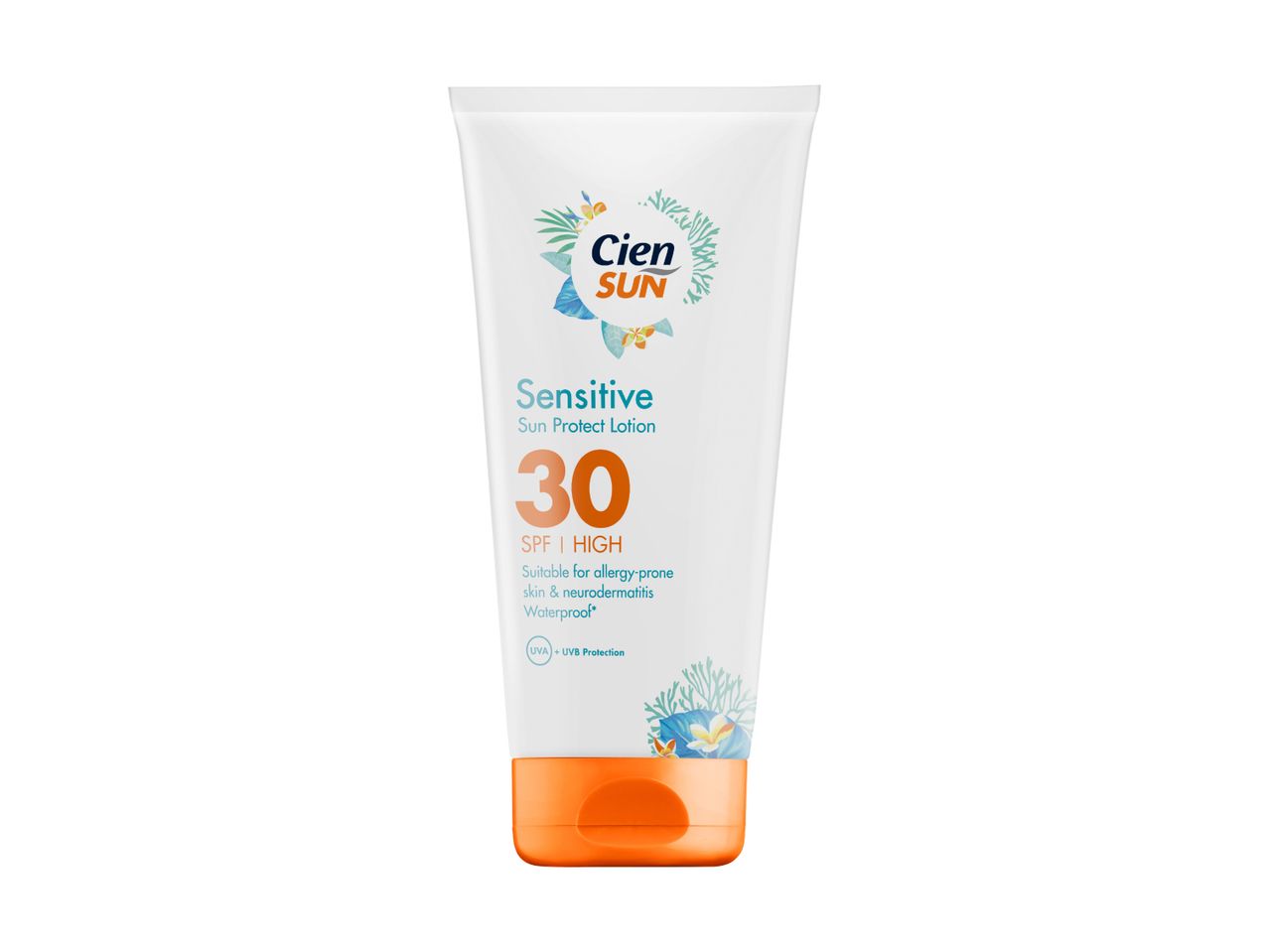 White tube of sensitive sun protect lotion with SPF 30, suitable for allergy-prone skin.