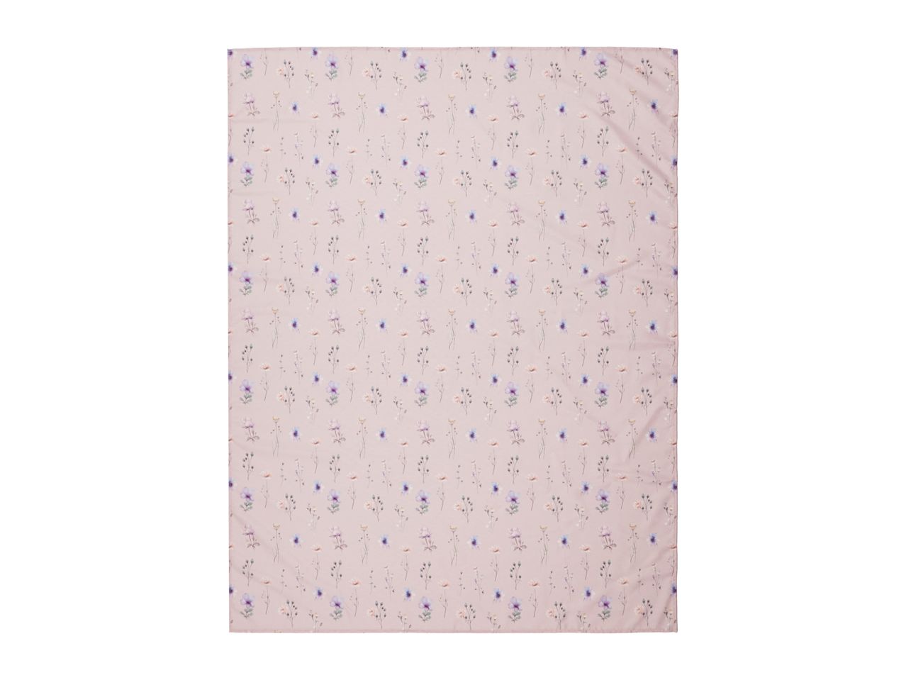 Pink blanket with a delicate pattern of purple, blue, and white wildflowers.
