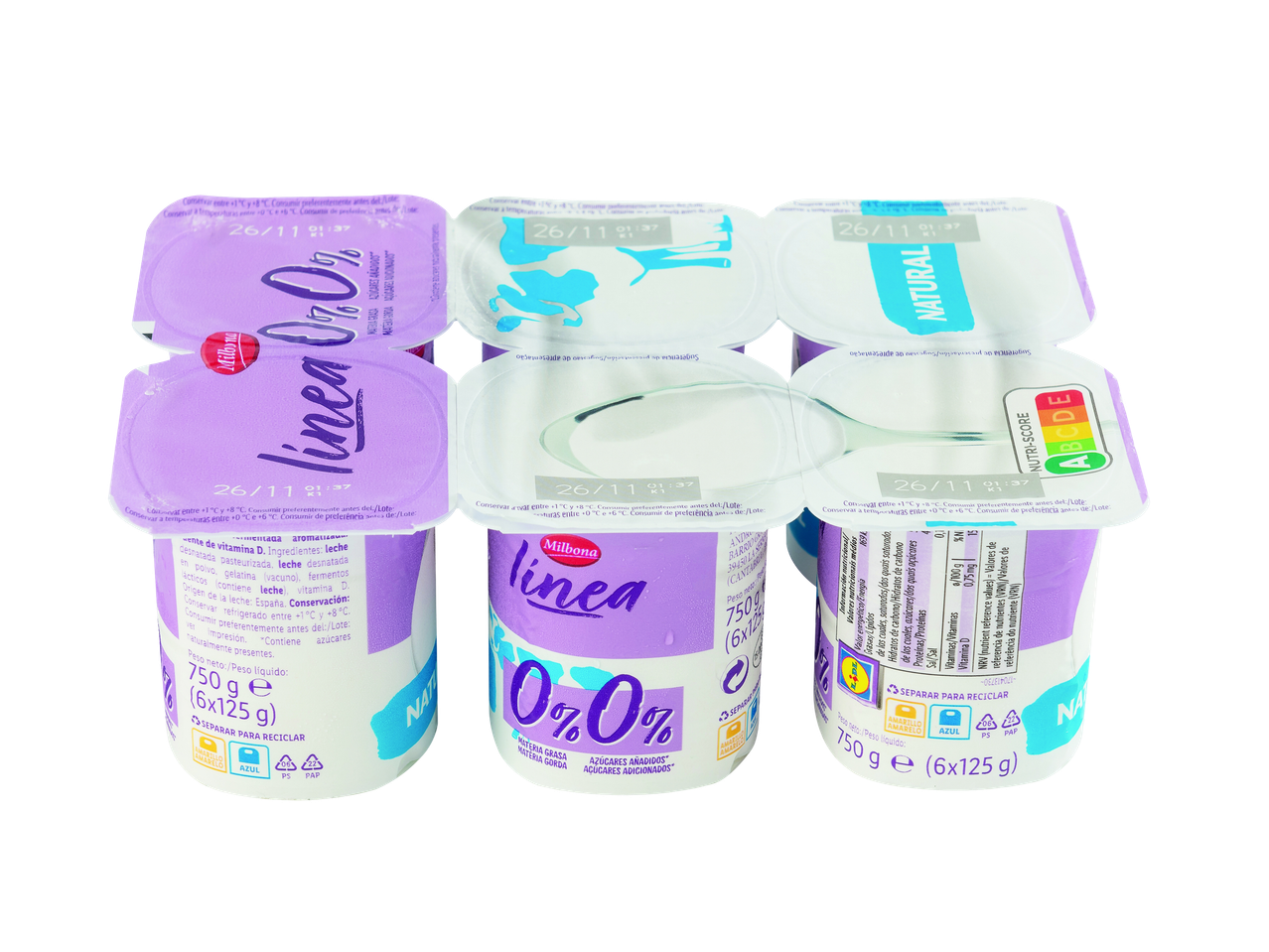 Iogurtes naturais 0% gordura e 0% açúcares adicionados, em embalagens de 6x125g.
