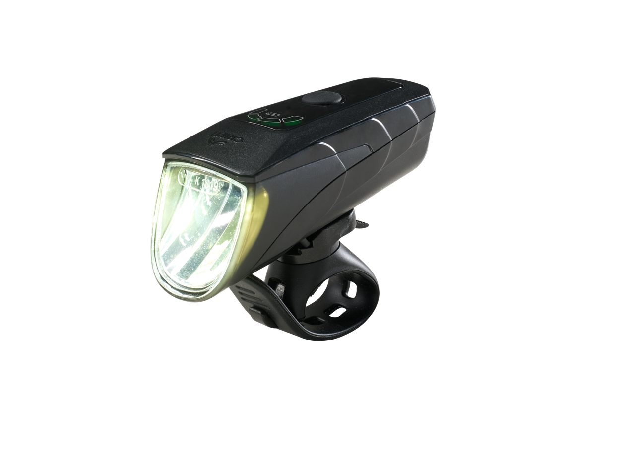 Black bicycle headlight with a bright light and green power indicator