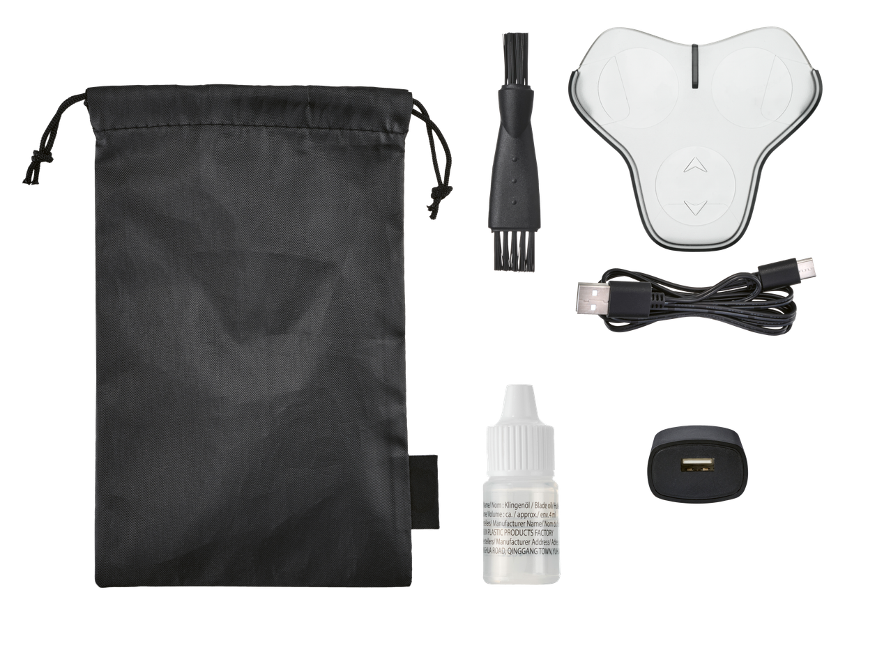 Cien BEAUTY pöörlev pardel koos tarvikutega: laadija, õli, puhastushari ja hoiukott.