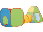 LUPILU rotaļu telts ar tuneli, ar zilām, zaļām, dzeltenām un sarkanām sekcijām.