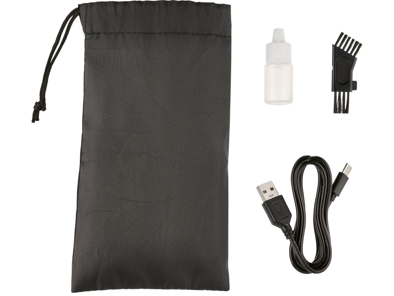 Комплект за подстригване с калъф, четка, масло и USB кабел.