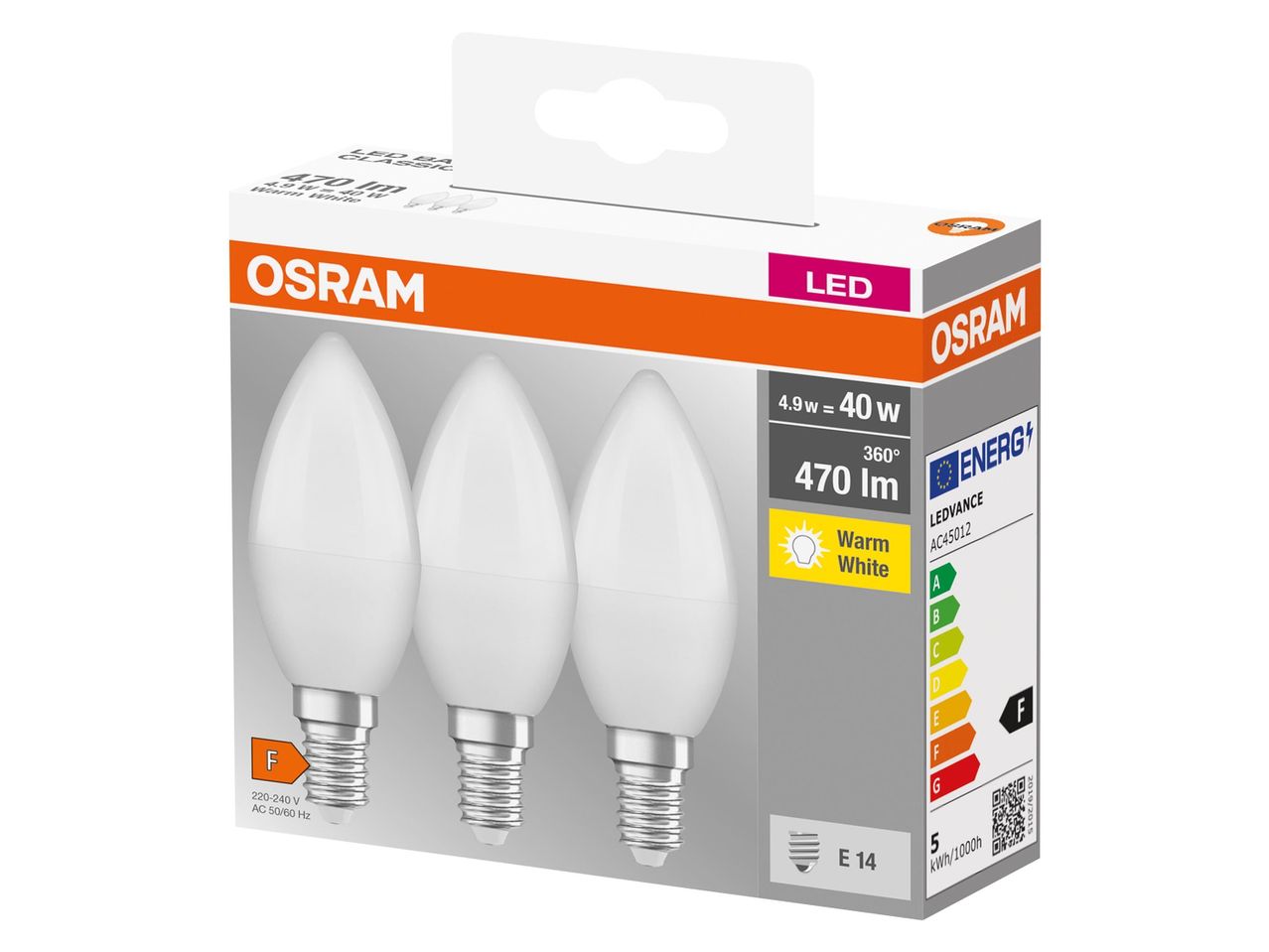 OSRAM LED izzók csomagolása, 470 lm, meleg fehér fénnyel és E14-es foglalattal.