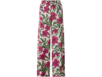 Női hosszú nadrág rózsaszín hibiszkusz és zöld levél mintával.
