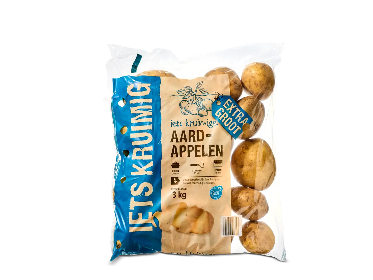 Zak extra grote, kruimige aardappelen met bereidingswijze en 'Planet Proof' keurmerk.