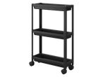 Black 3-tier rolling storage cart with narrow shelves.