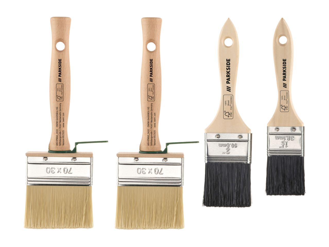 Four paintbrushes, two large rectangular ones with light bristles and two smaller angled ones with dark bristles.