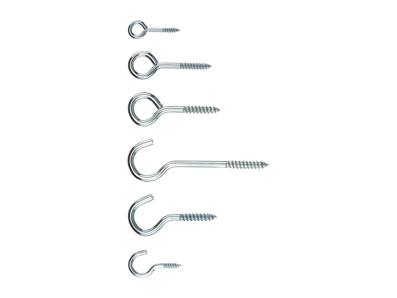 Assortment of screw-in hooks and rings in various sizes.