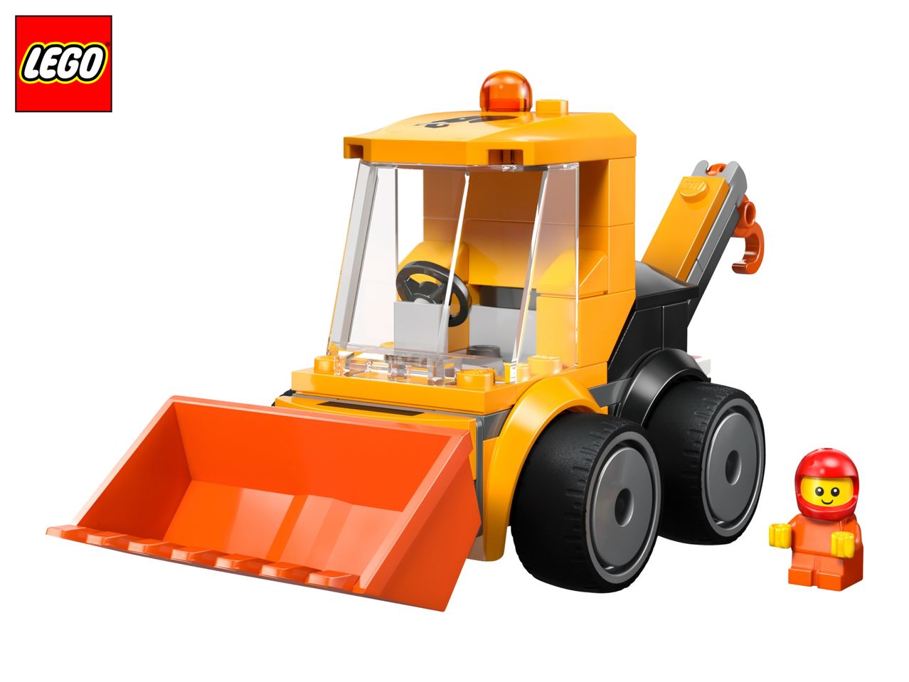 Yellow toy front-end loader with an orange bucket and a small construction worker figure.