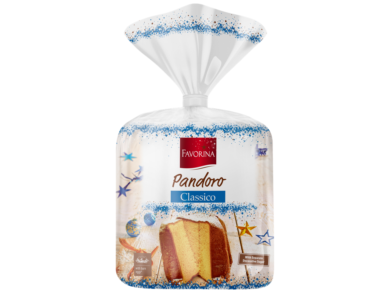 Favorina Pandoro Classico pyragas šventinėje pakuotėje.