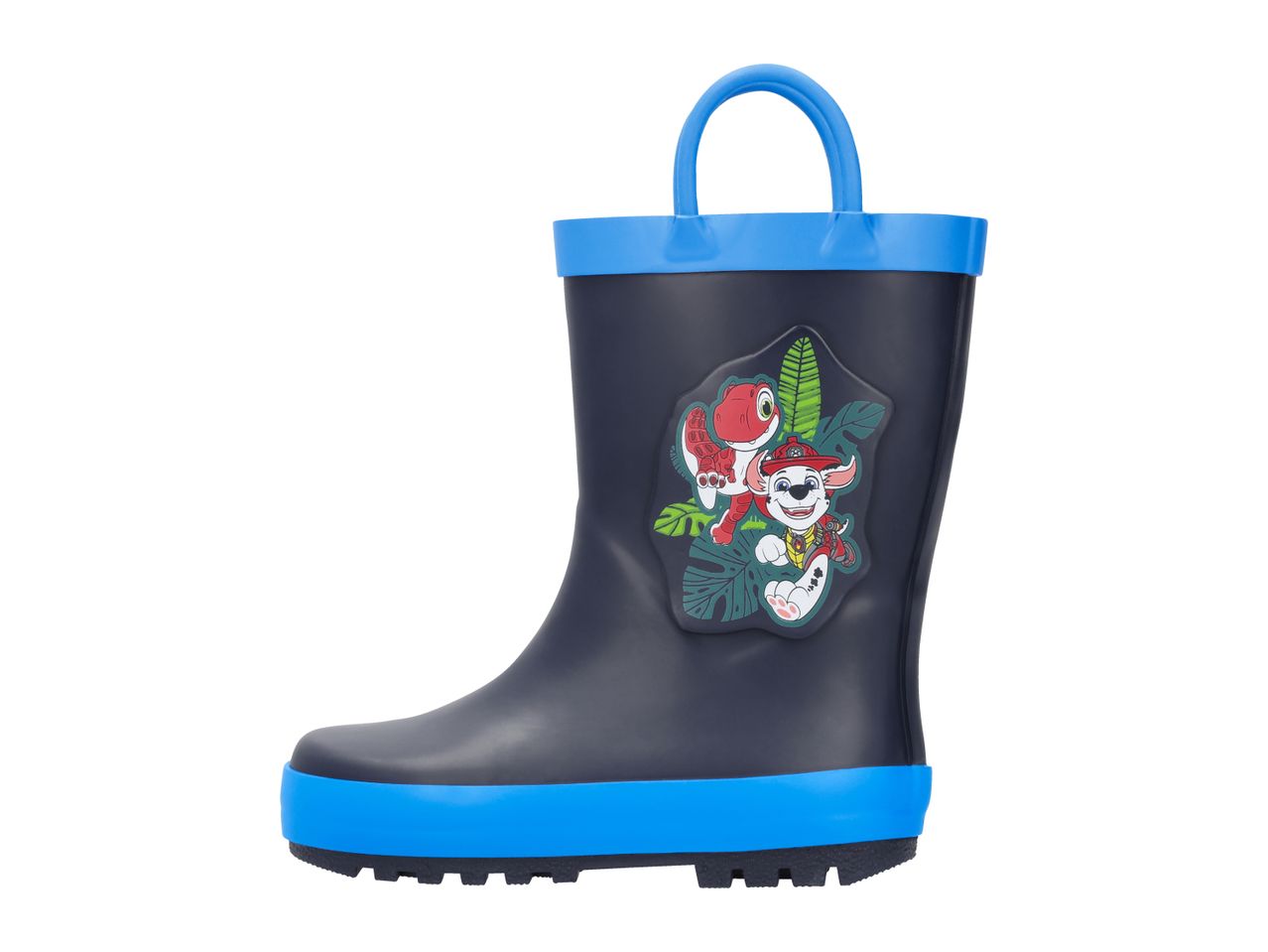 Kids' navy blue wellington boots with blue trim and a cartoon dog and dinosaur graphic.