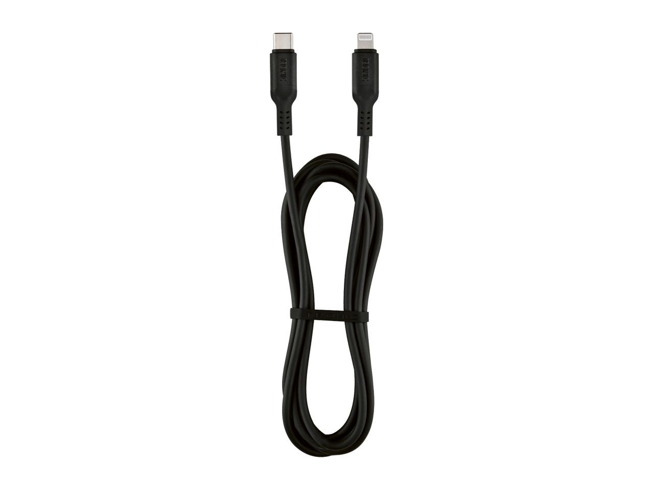 Black USB-C to Lightning cable, coiled and secured with a strap.