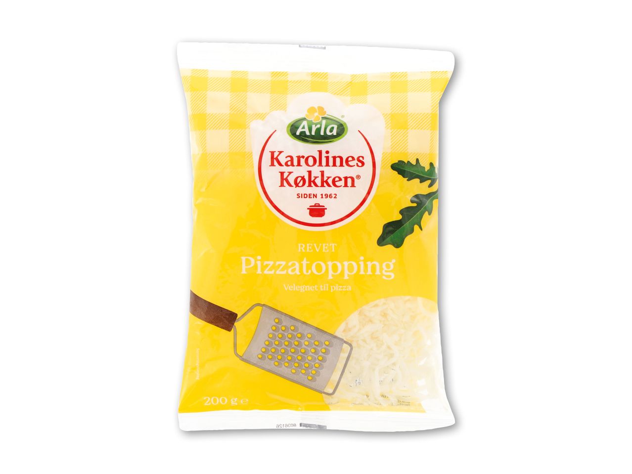 En gul pose med revet pizzatopping, der viser en rivejern og revet ost.