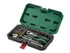 Socket wrench set with swivel ratchet head in green case.