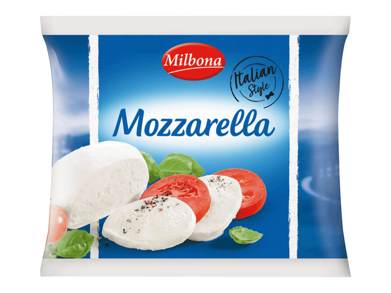 Mozzarellapakkauksen etupuoli, jossa on viipaleita tomaatin ja basilikan kanssa.