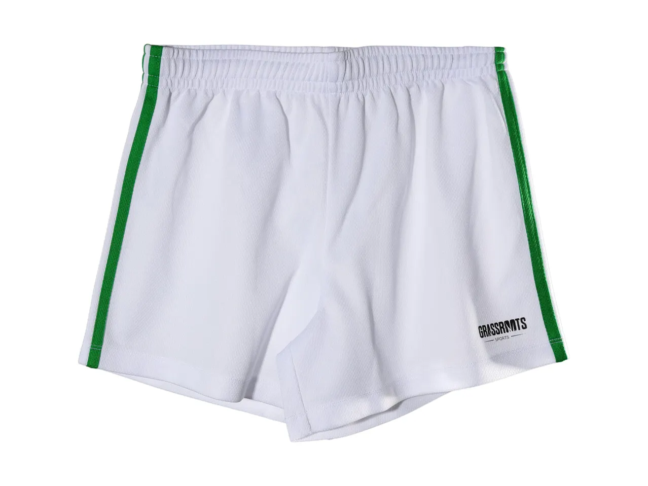 White sports shorts with green side stripes and a black logo on the right leg.