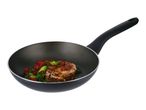 Frying pan with cooked meat, tomatoes, and green onions