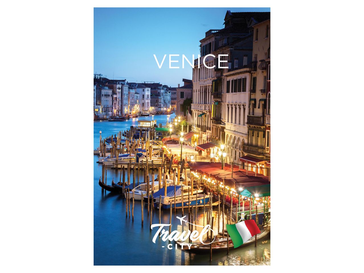 Velencei utazási poszter a Canal Grande-ról, gondolákkal és épületekkel alkonyatkor.