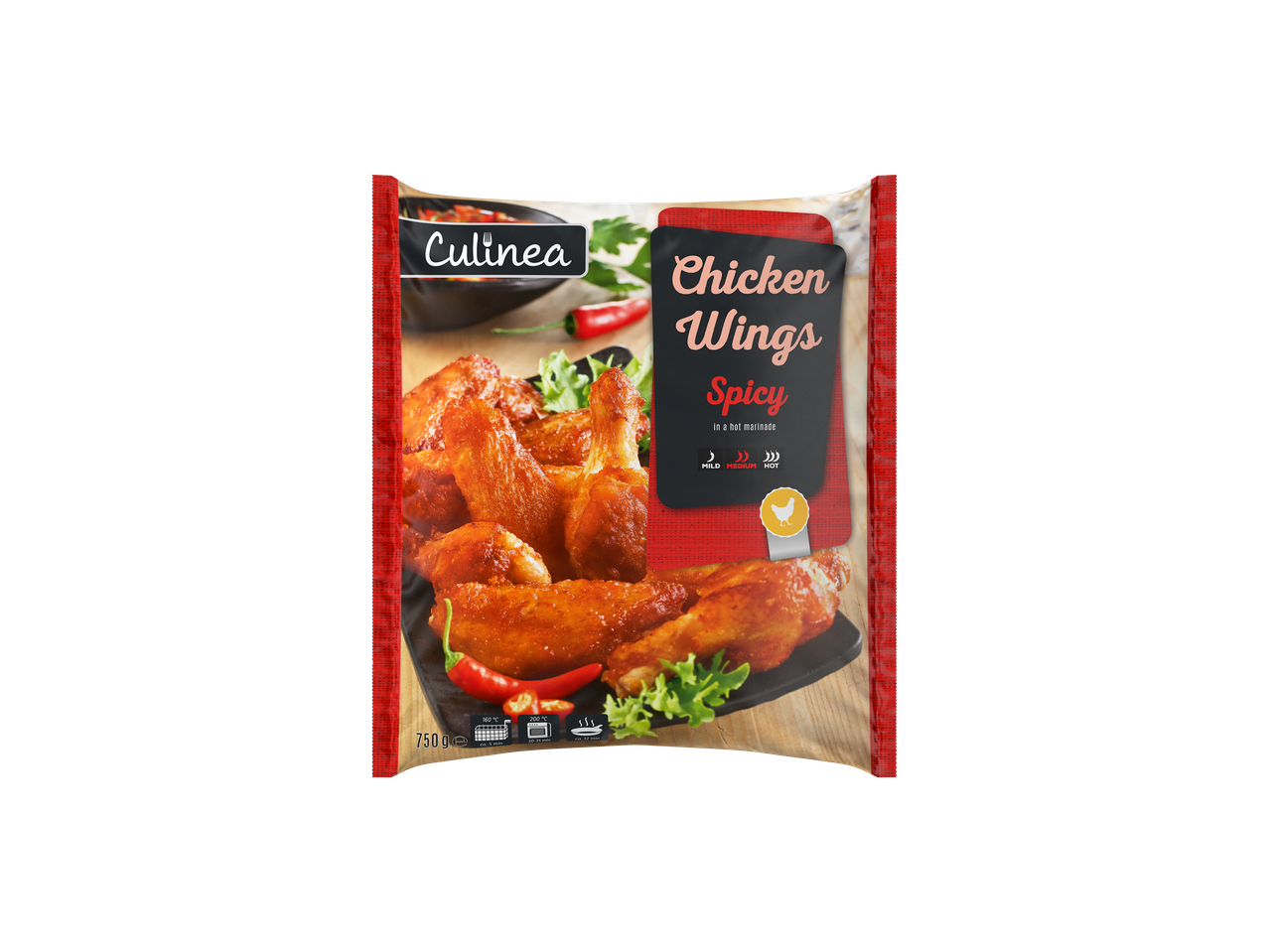 Pachet Culinea Aripioare de pui marinate, picante, cu instrucțiuni de preparare.