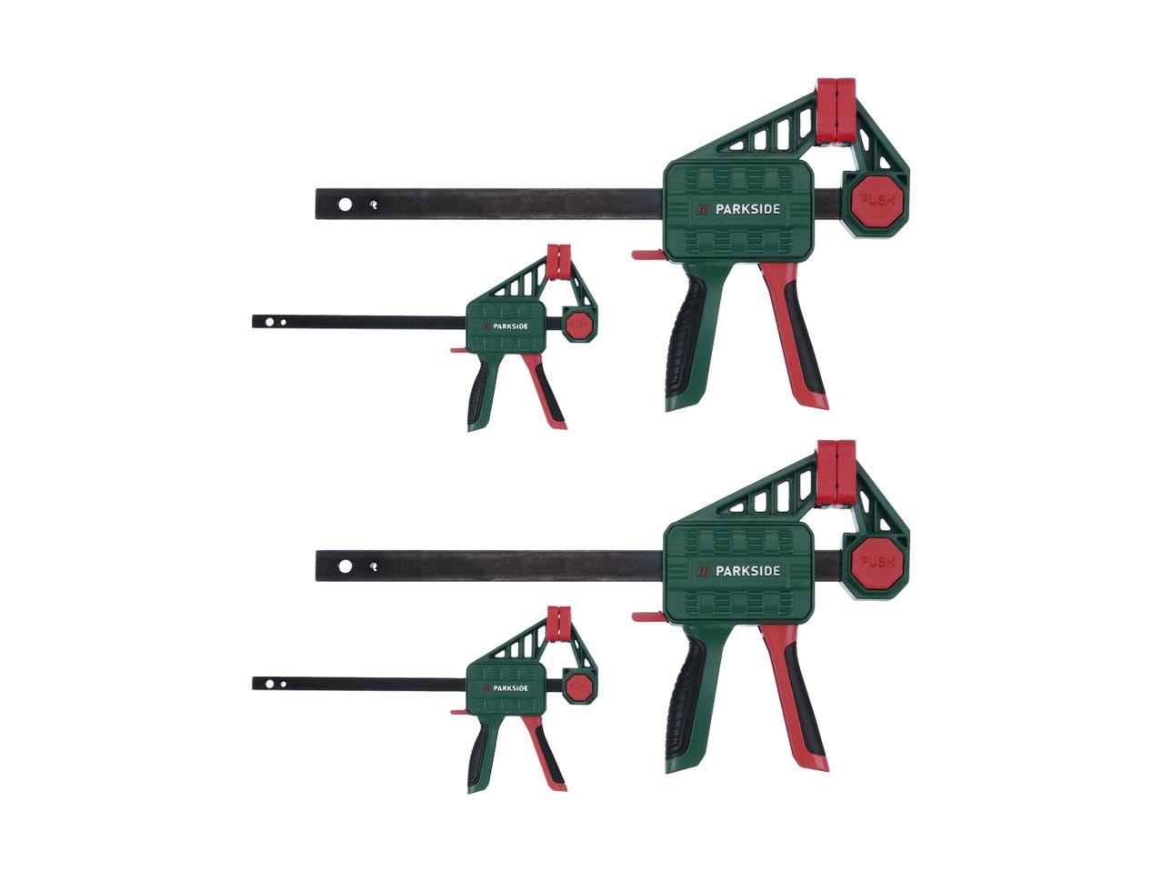 Two sets of two quick-release bar clamps, one large and one small, with green and red accents.