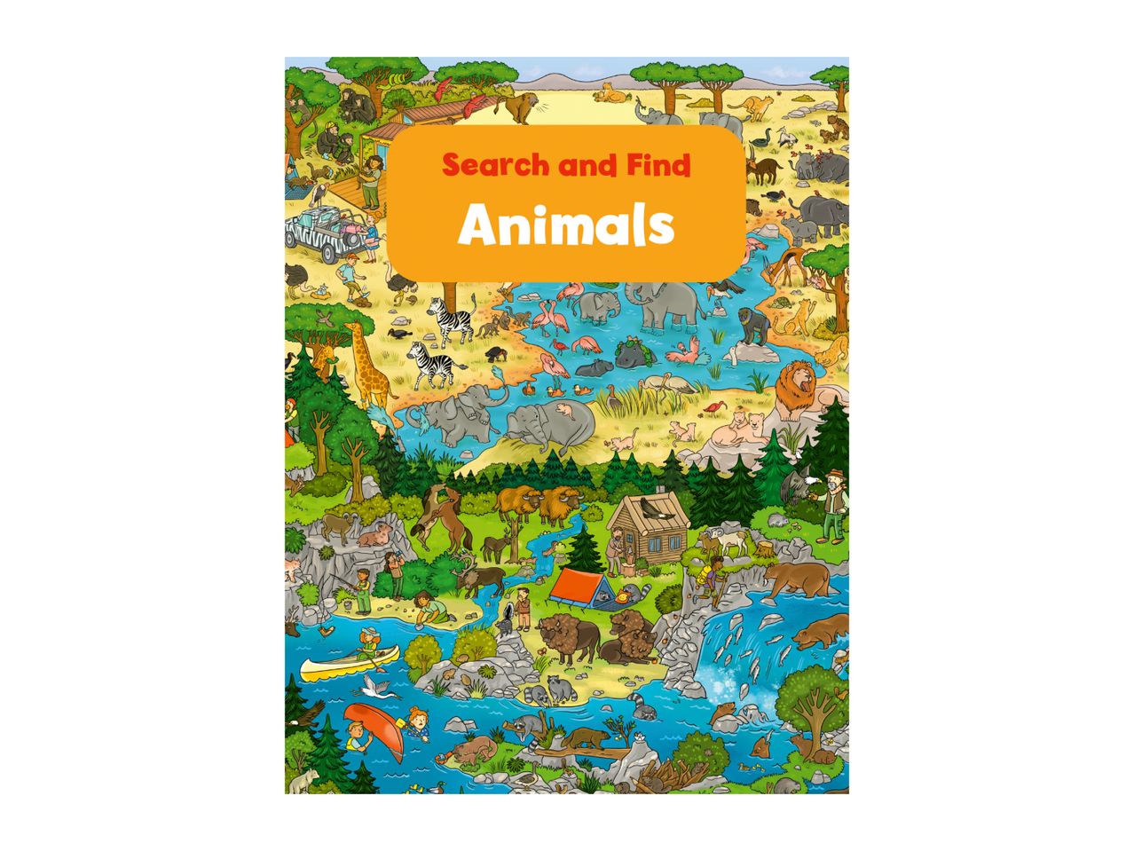 A colorful 'Search and Find Animals' illustration featuring various wild animals in different habitats.