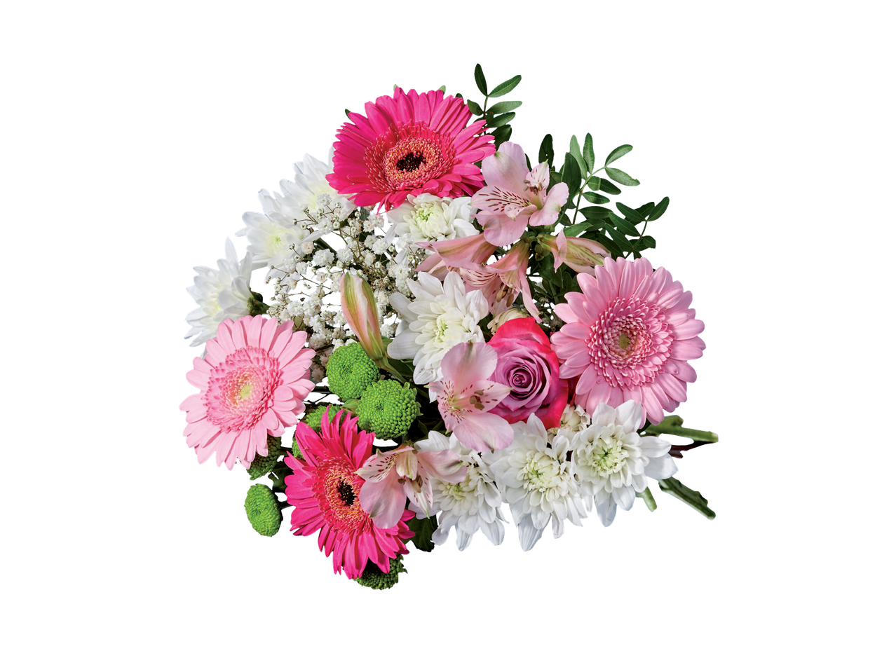 Un buchet frumos de garoafe gerbera, crizanteme și alstromerii.