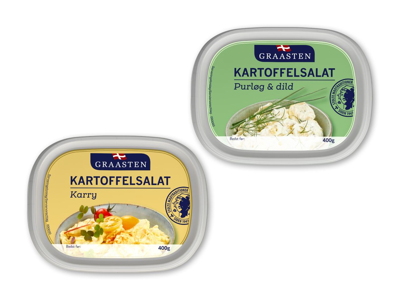 To beholdere med kartoffelsalat: en med karry og en med purløg og dild.