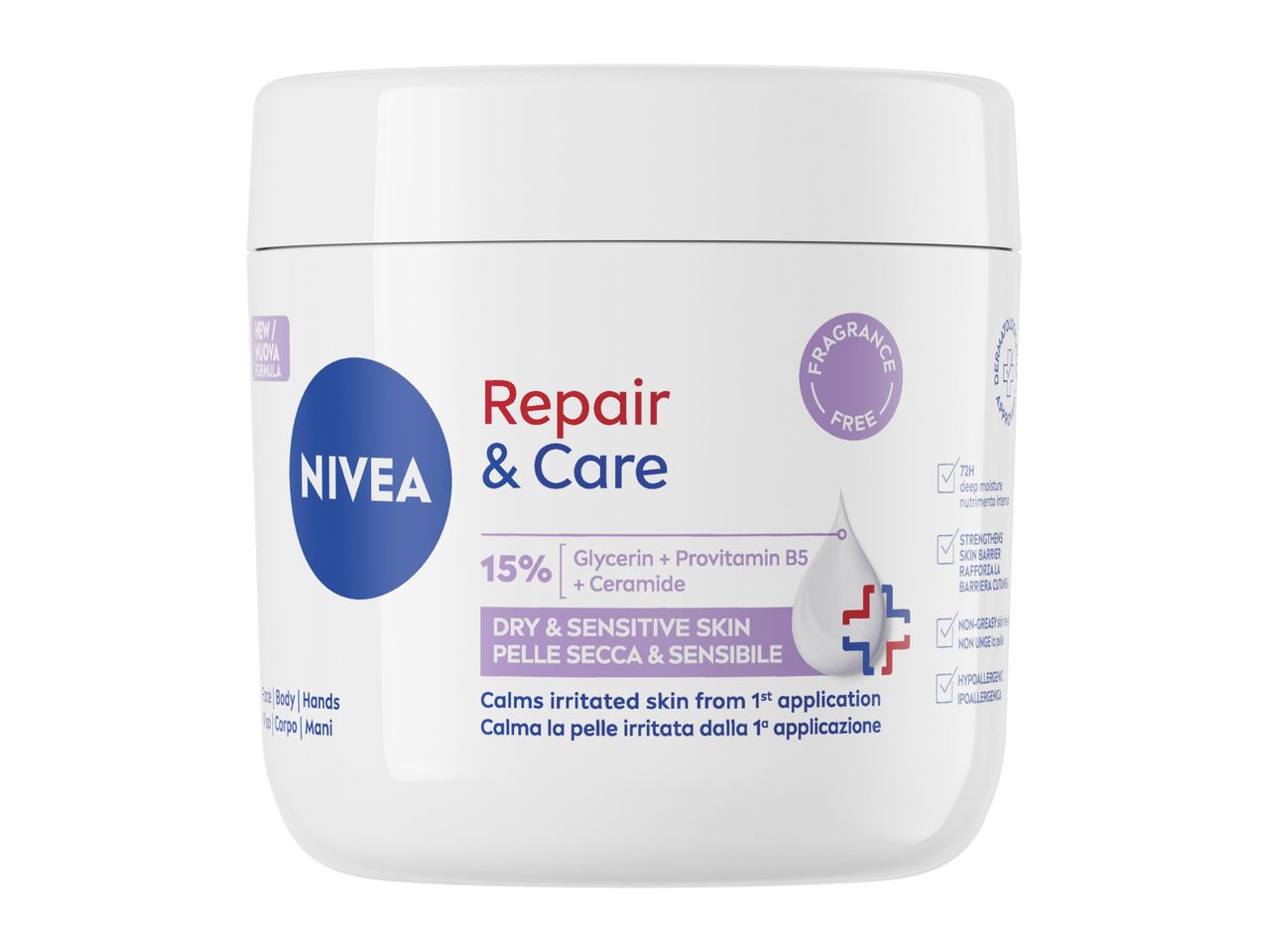 Cremă hidratantă pentru față, corp și mâini, pentru piele uscată și sensibilă, fără parfum.